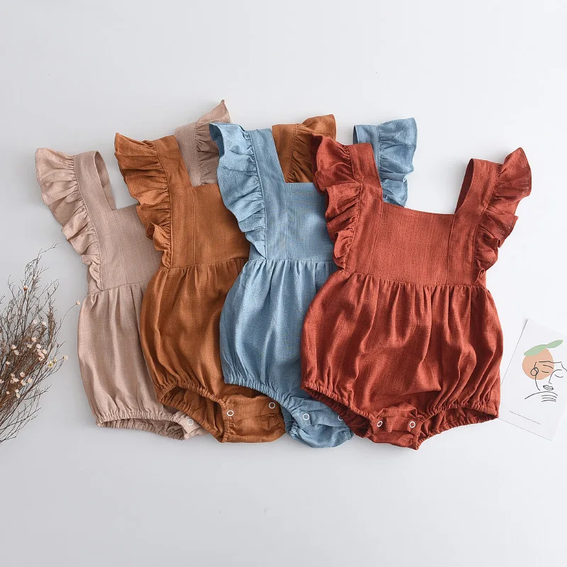 

Baby Girl Clothes Summer Newborn Kids Ruffle Sleeveless Solid Romper Jumpsuit Dusty Cotton and linen Playsuit