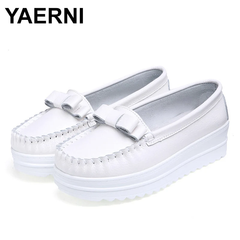 

YAERNI Platform knot women autumn moccasins lace-up tassels genuine leather casual moccasins 2019 comfortable shoes woman