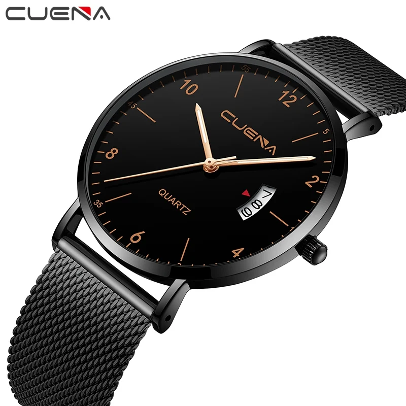 

CUENA New Men Watches Creative Black Stainless steel Quartz Watches man Simple Fashion Business Wristwatch Clock Male Relogios