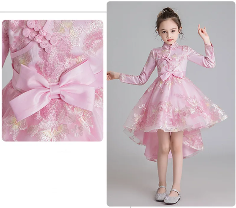 Flower Embroidered Long Sleeve Autumn Winter Bow Lace Tutu Girl Princess Dress Costumes Clothes Show Evening Party Dress WG-1210