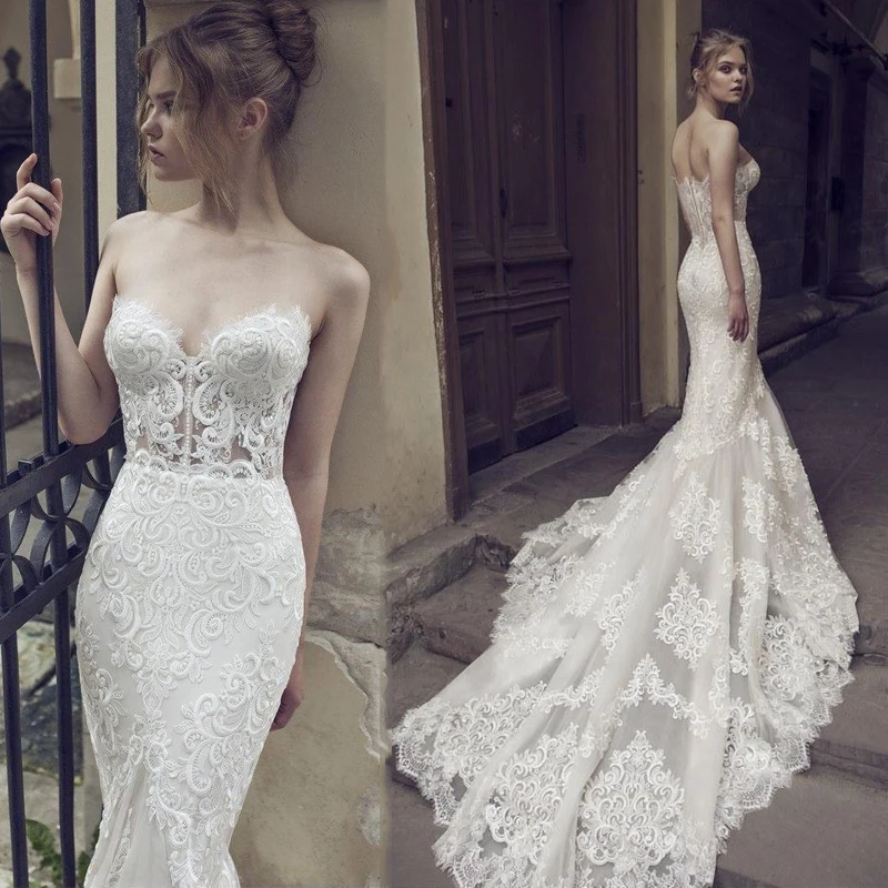 

Newest Mermaid Wedding Dresses Sweetheart Lace White Summer Dress 2021 Appliques Tulle Zipper Back Sexy Bridal Gowns Sweep Train
