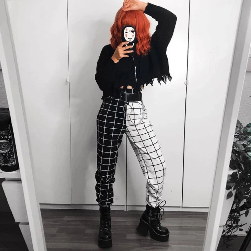 

QWEEK Mall Goth Pants Gothic Style Emo Checkerboard Plaid Cargo Pants Women's Streetwear Korean Style Checked Trousers For Women