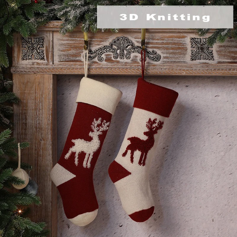 

3D Knit Christmas Stockings Decorations Elk Hangings Ornaments Candy Gift Bag Red White Socks