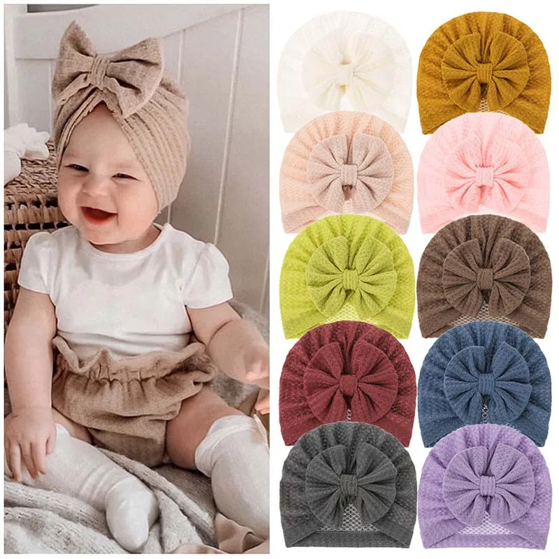 

Solid Color Waffle Baby Hat Big Bowknot Baby Girl Hat Turban Knot Head Wraps Baby Kids Bonnet Beanie Newborn Photography Props