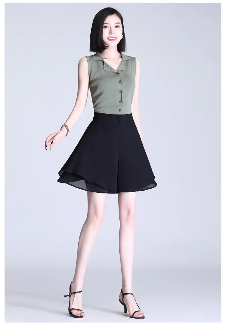 

Summer Women High Waist Black Wide Leg Shorts Skirts Loose Casual Office Lady Elegant Plus Size Formal Work Short Pants 9972