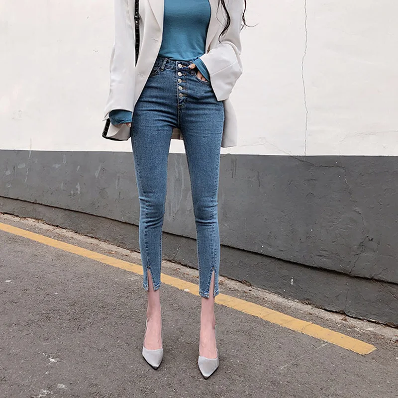 Женские узкие джинсы с пуговицами спереди эластичные брюки Капри высокой талией