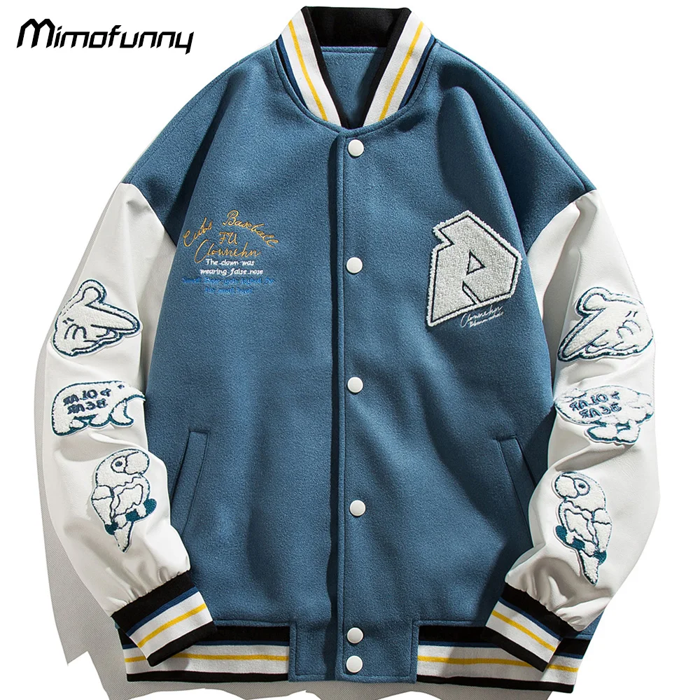 

Baseball Jacket Men Cartoon Furry Animals Patch Patchwork Bomber Jackets Coat Harajuku Fashion Varsity Outwear Couple Streetwear