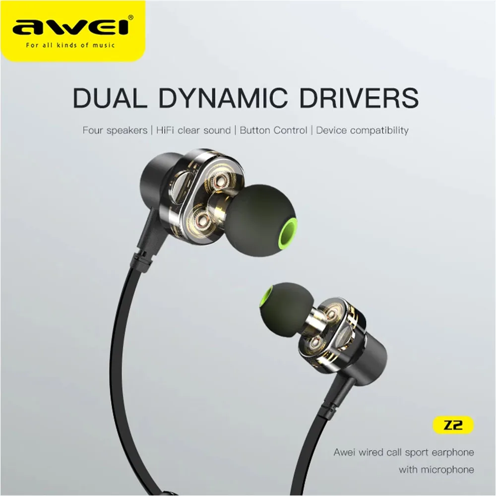 

AWEI Z2 Wired Sport Earphones Dual Drivers Volume Control Hifi Quality Clear Sound Headset With Microphone