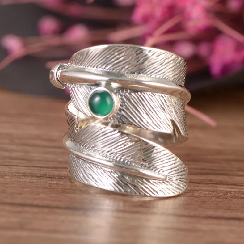 S925 pure silver feather ring green stone Mosaic rotating men and women with adjustable | Украшения и аксессуары