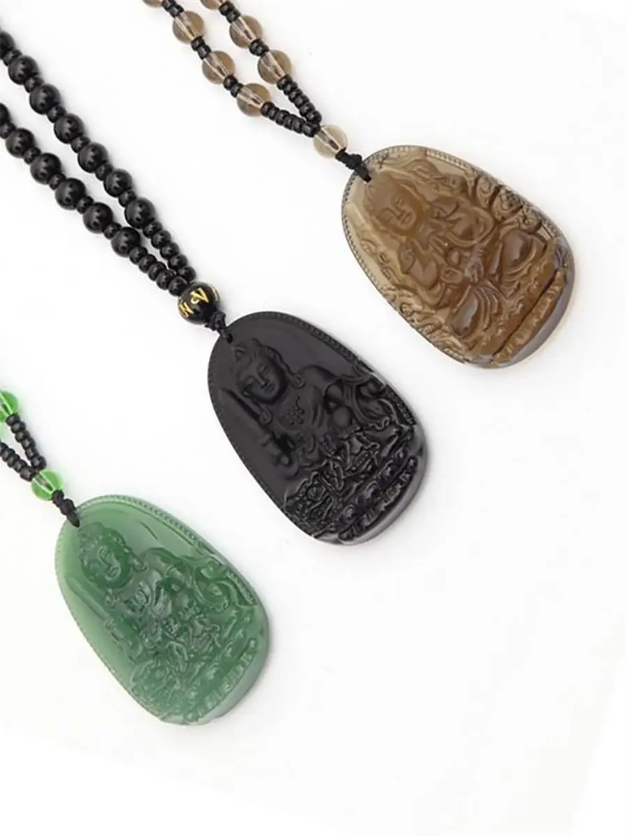 Ожерелье с подвеской в виде амулета из натурального обсидиана | Украшения и