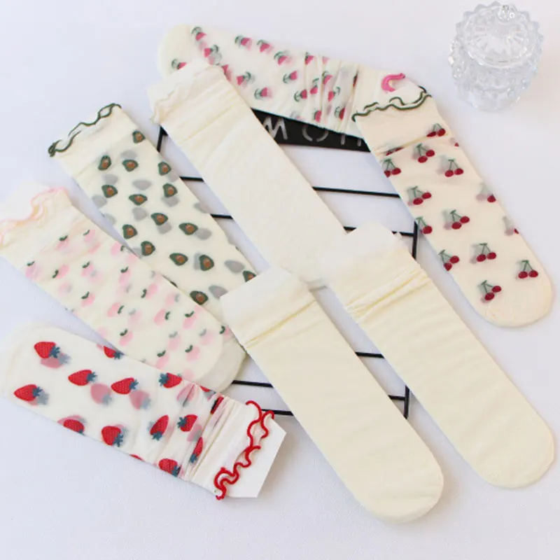 

Summer Spring Fresh Green Mesh Socks Korean Style Cherry Daisy Flower Socks Thin Breathable Middle Tube Socks Hosiery
