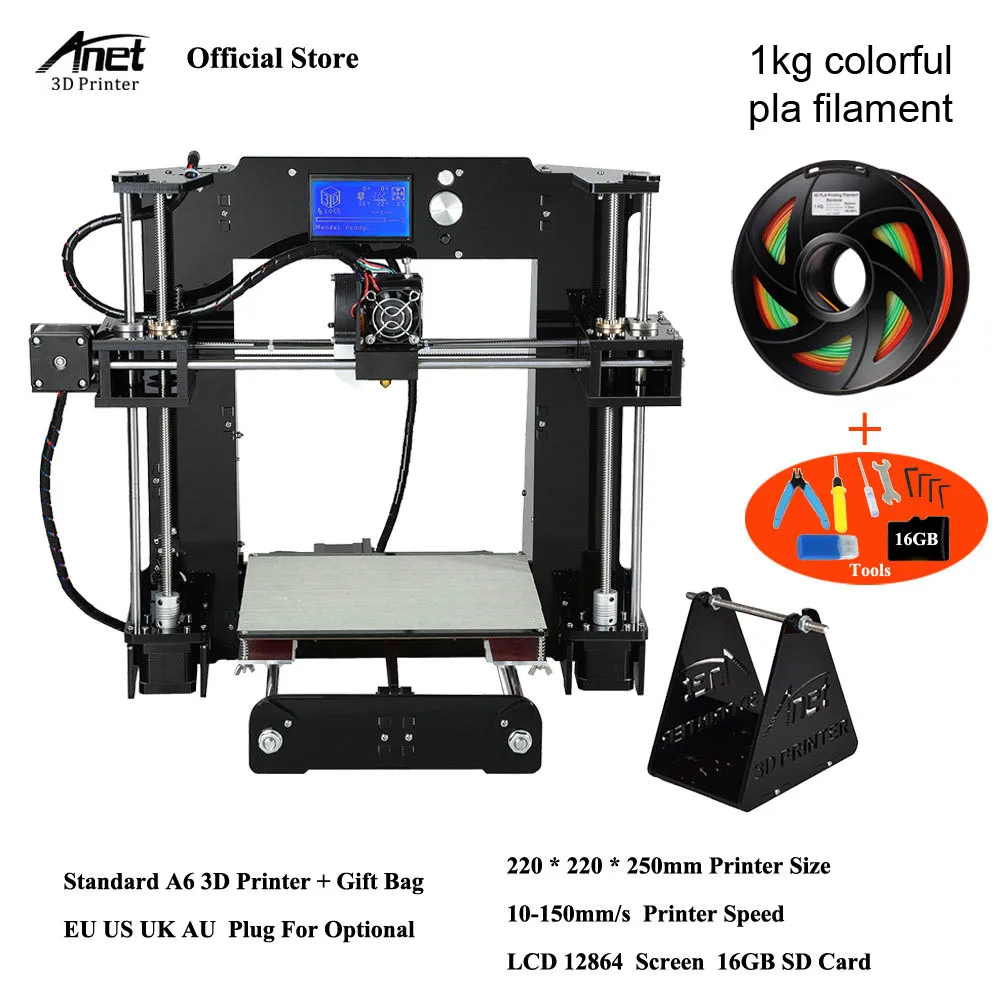 Набор настольных 3D принтеров Anet A6 Reprap i3 самосборка ЖК экран с SD картой на 16 ГБ