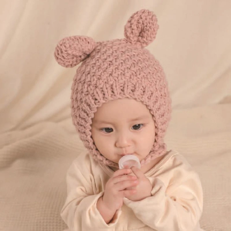 

Winter Warm Baby Beanie Cap Ear Protection Knitted Solid Color Hat for Kid Child