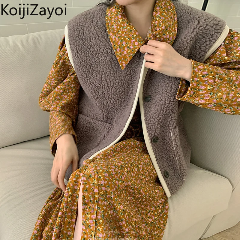 

Комплект из двух предметов Koijizayoi для женщин, жилет и платье из овечьей шерсти с винтажным цветочным принтом, женские Макси-Платья на шнуровк...