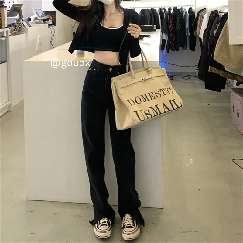 

High Waist Slimming Washed Frayed Hem Split Jeans for Women 2021 New Autumn Loose Straight Wide Leg Mop Pants
