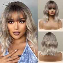 ALAN EATON Ash Gray Platinum Synthetic Wigs with Bangs Short Wave Bob Wigs for Black Women Cosplay Daily Heat Resistant Fiber