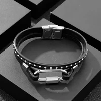 haoyi trendy double layer leather bracelet stainless steel metal accessories punk mens jewelry