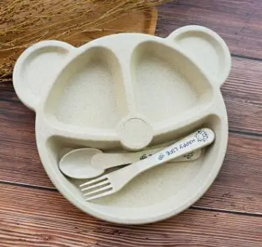 beige plate set 3 шт./компл. пшеничной соломы посуда Носки с рисунком медведя из мультика детская посуда для детей с суповую тарелку, производство Китай детская тарелка вилка ложка для грудничков, набор посуды - Цвет: beige plate set