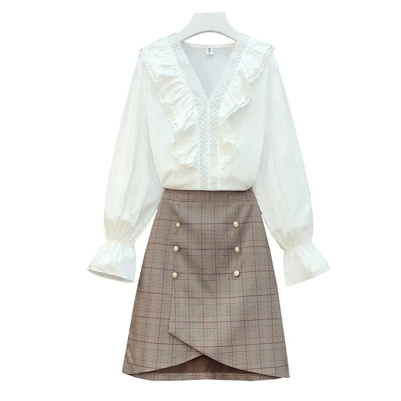 

Bigger Sizes Autumn Outfit New Fashionable White Blouse Top & Pants Or Skirt Suit Two-Piece Clothing Set Office Lady Vogue