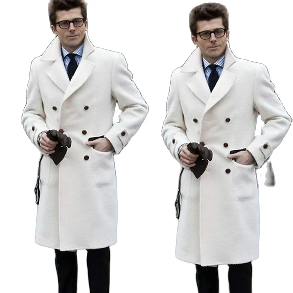 Мужское длинное пальто зимнее шерстяное высококачественный белый шерстяной