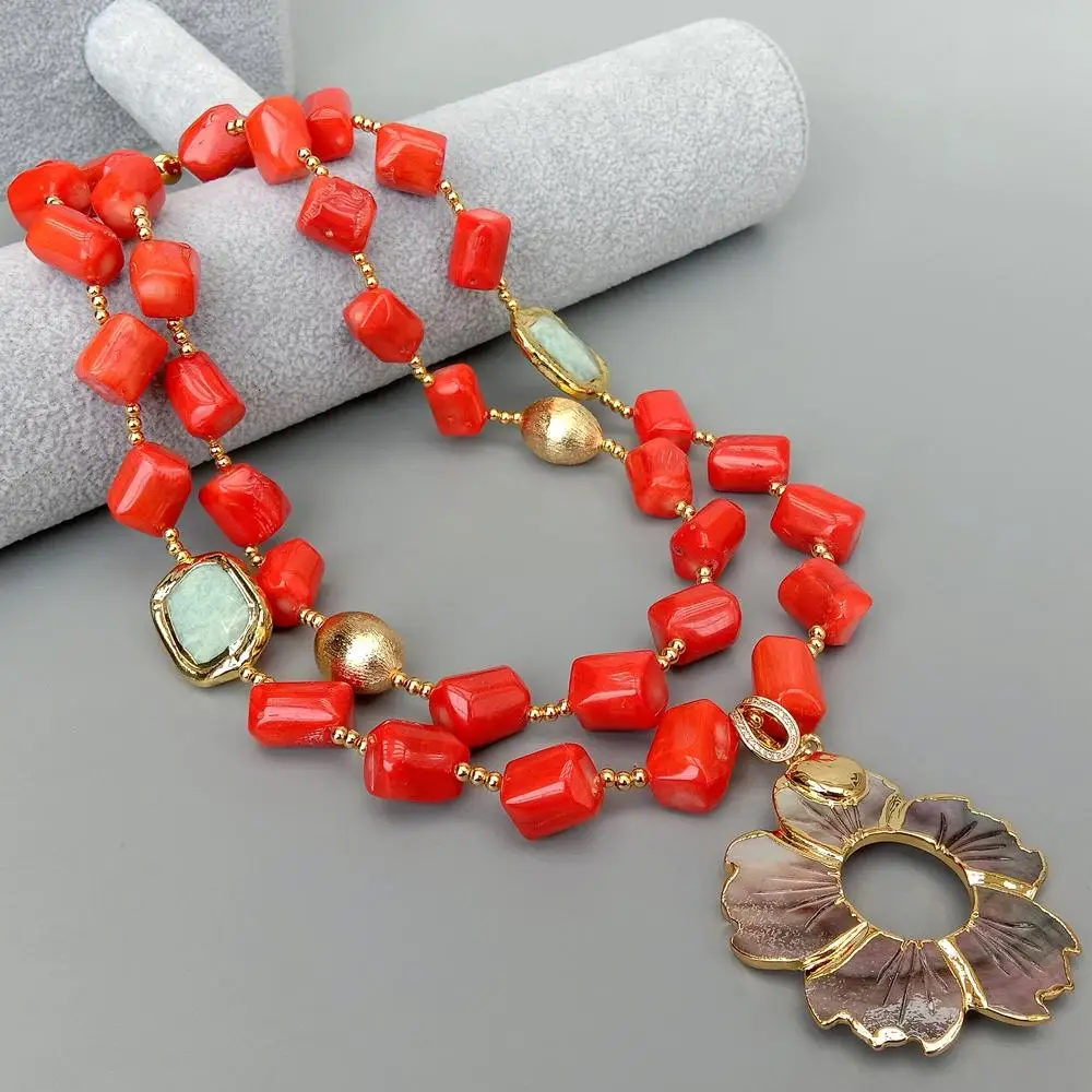 

Y · YING 2 нити из оранжевого коралла самородок зеленый ожерелье из амазонита в черном корпусе с перфорированными цветами Подвеска 18"