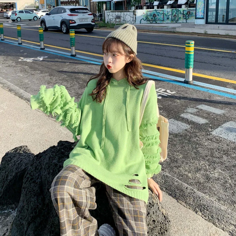 

Tassel Women Hooded Long Knitted Sweater Korean Fashion Loing Sleeve Hole Hollow out Pullovers