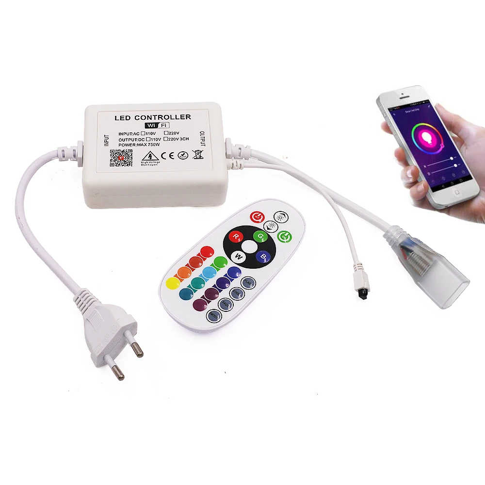 Фото AC110V 220V Wifi rgb-контроллер с 24 клавишами ИК-пульт дистанционного управления 750 Вт 8 мм 10 мм PCB EU US AU UK штекер для светодиодный светильник №2