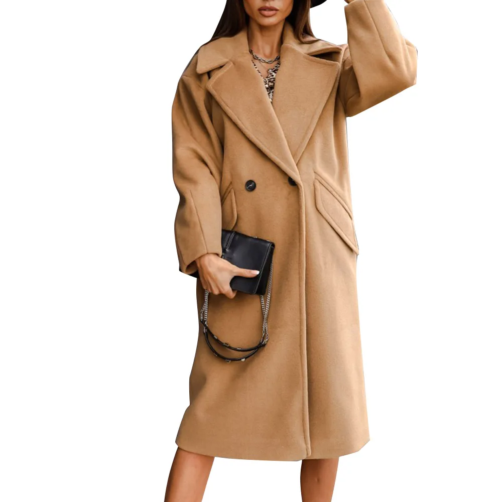 

Женское твидовое двубортное пальто с отложным воротником и длинным рукавом