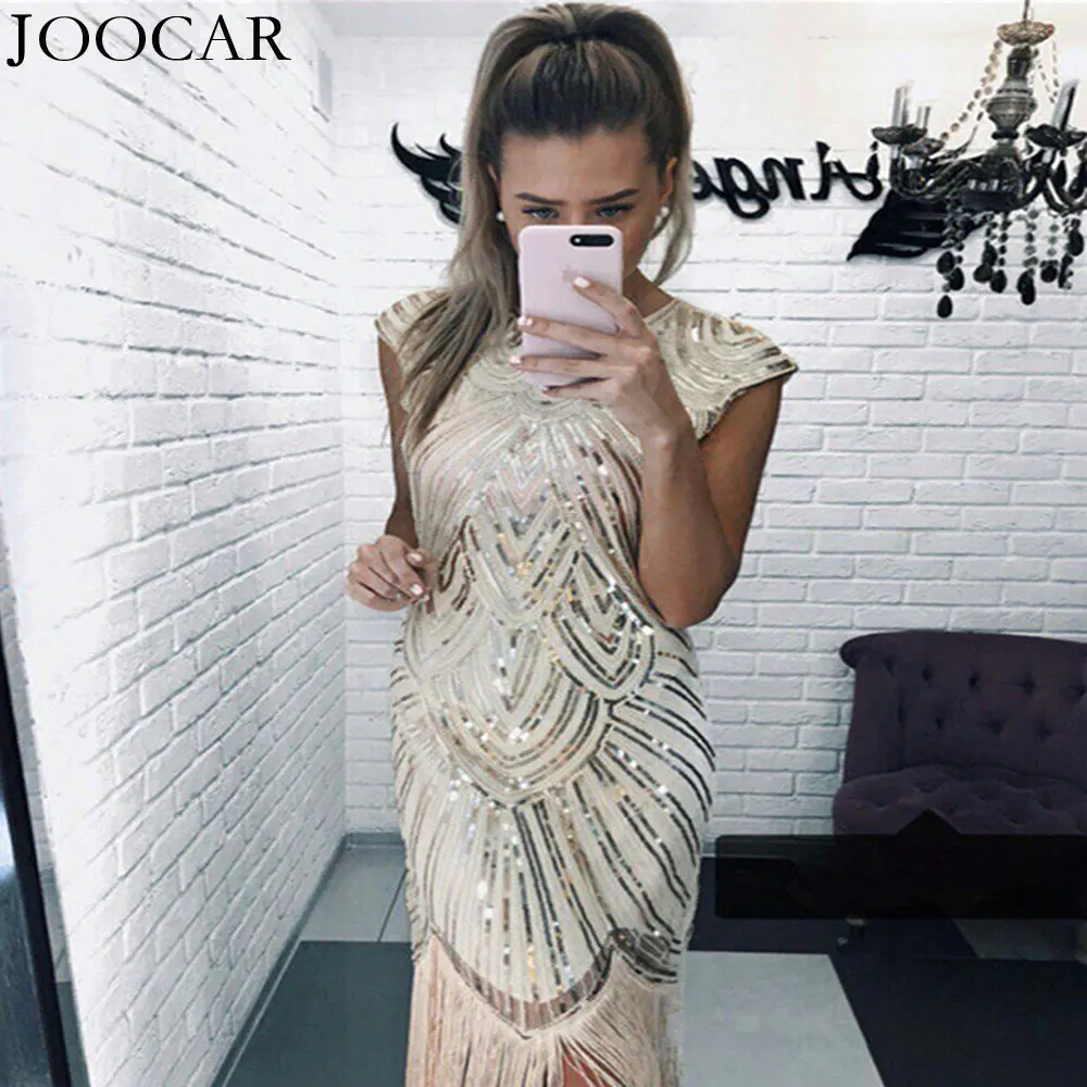 

free shipping 2020 joocar women sexy o neck sleeveless Bodycon party dress sequin and tassel dress JC1347