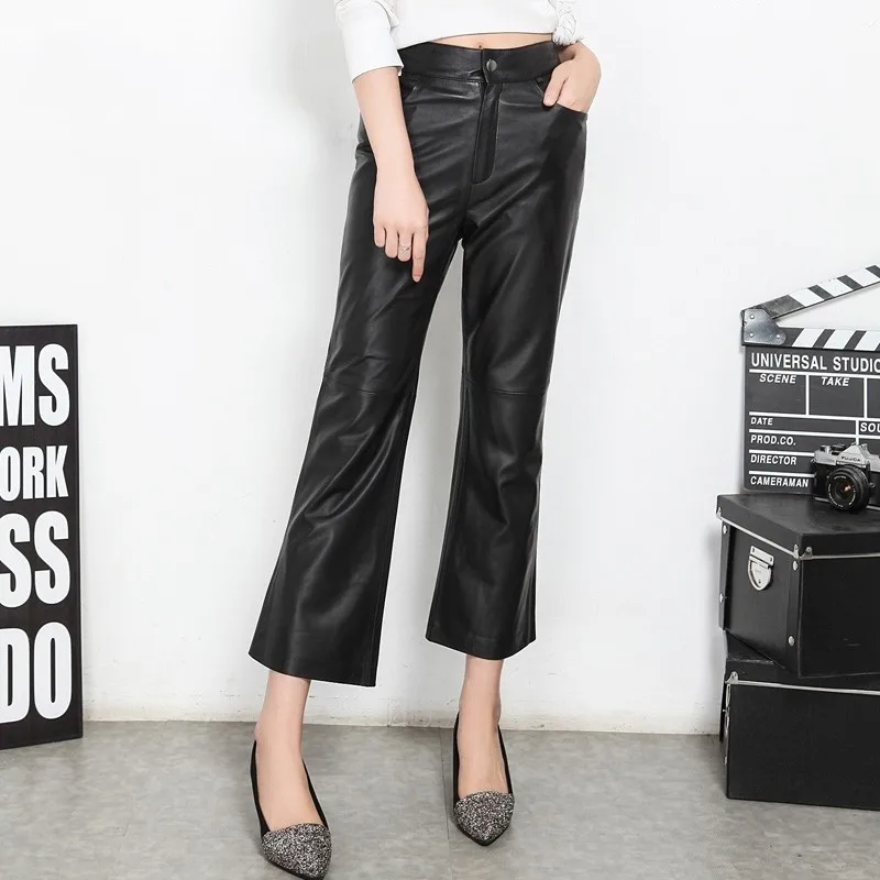 

Pantalons 2021New Womens Streetwear Long Pants Calcas Slim Trousers Genuine Leather Sheepskin Solid Female Fashion Flare Pants
