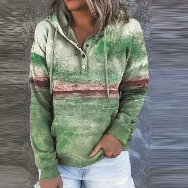 

Landscape Color Print Drawsting Buttuon Hoodie Sweatshirt Women Fashion Causal V Neck Tops Autumn Winter Long Sleeve Pullover