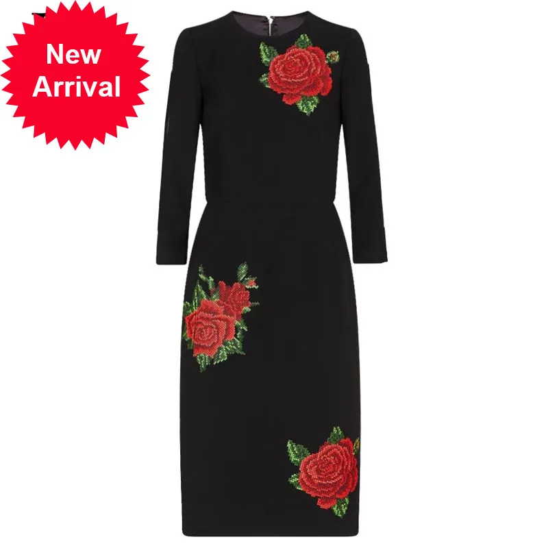 

New 2021 Fashion Runway Summer Vintage Black Dress Women 3/4 Sleeve Rose Floral Print Party Midi Elegant Dress