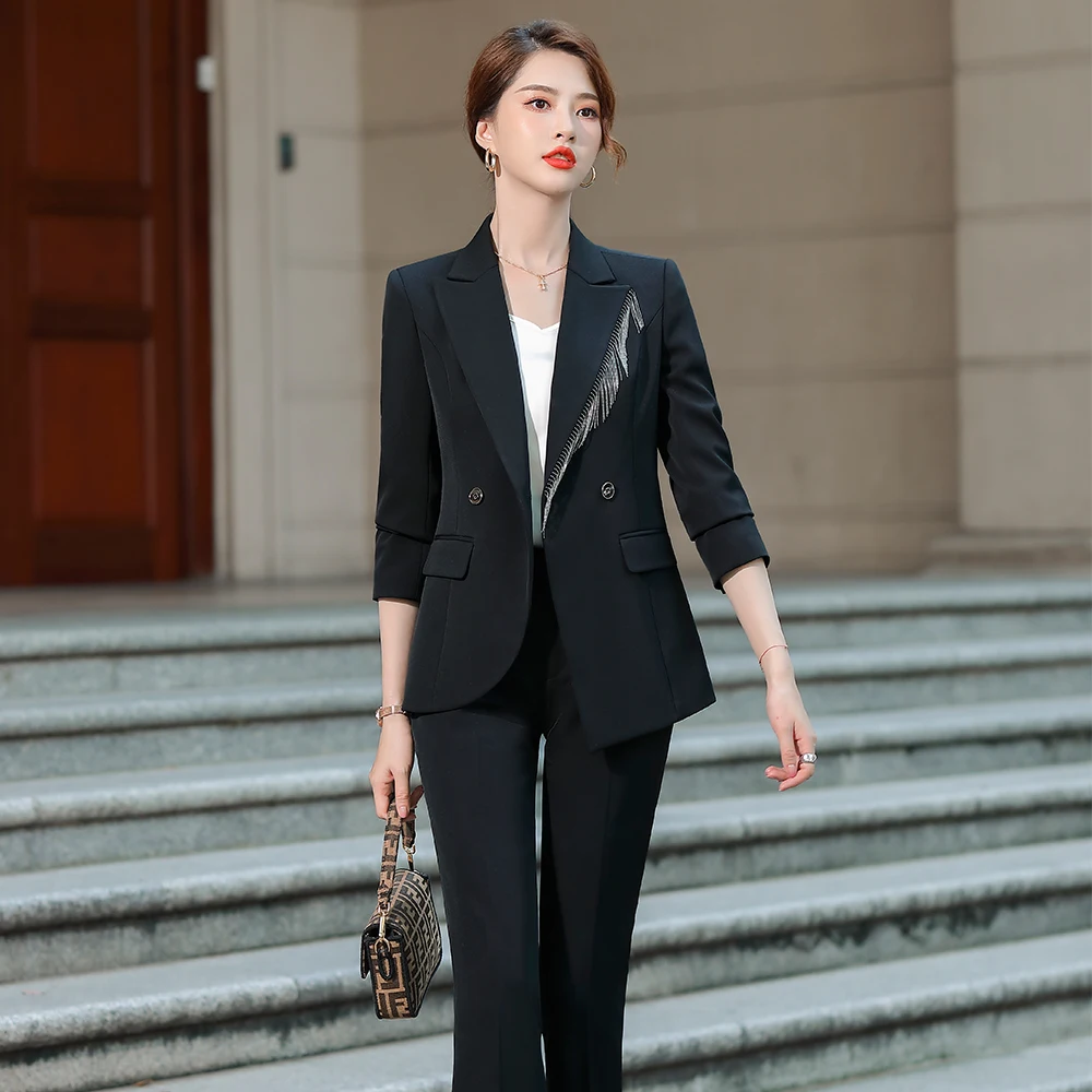 

Latest Ladies Business Pant Suit Design White Blue Black Formal 2 Piece Blazer Set Women Asymmetric Tassel Jacket and Trouser