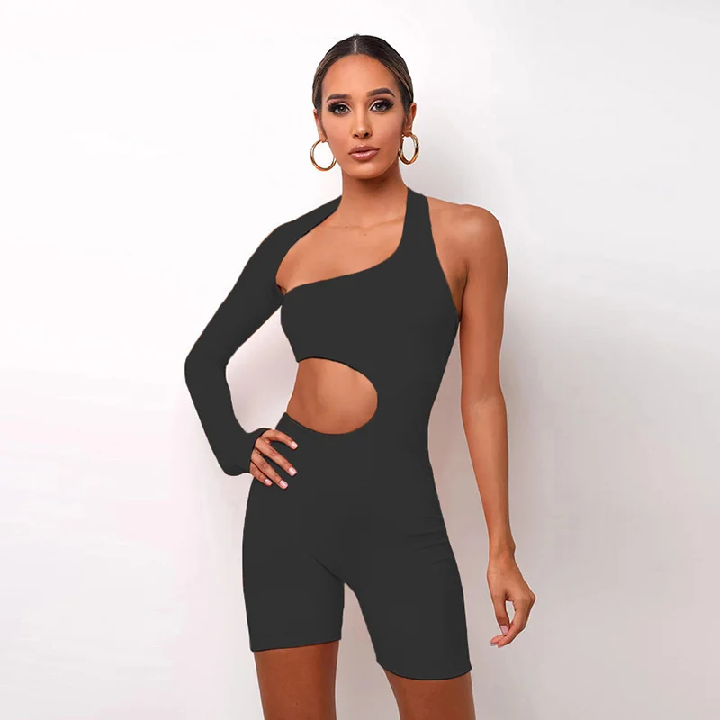 

Summer Female Elastic Fitness Clothing High Waist Jumpsuits Two Styles New Women Solid Rompers Long Sleeve Asymmetric Sportssuit