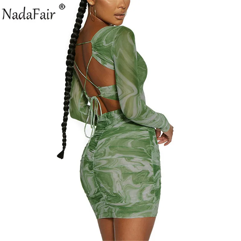 

Nadafair Multi Ways Cross Neck Sexy Women Dress Green Tie Dye Vintage Strapless 2021 Mesh Transparent Long Sleeve Mini Dress