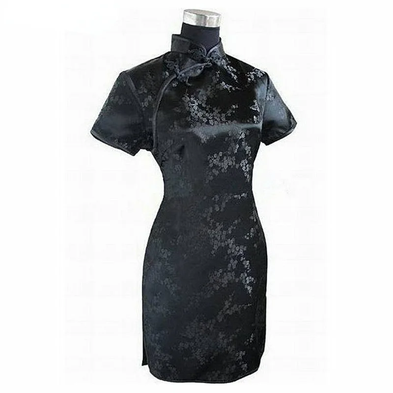 

Qipao-Women Short Satin Dress Black Dress Chinese Traditional Dress Flower Print New Style Dress Short Summer Floral