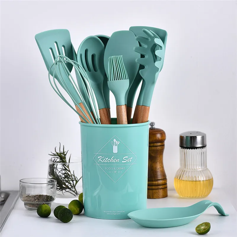 silicone cooking tools set spatula shovel spoon with wooden handle practical kitchen cooking utensilsx kitchenware cocina gadget free global shipping