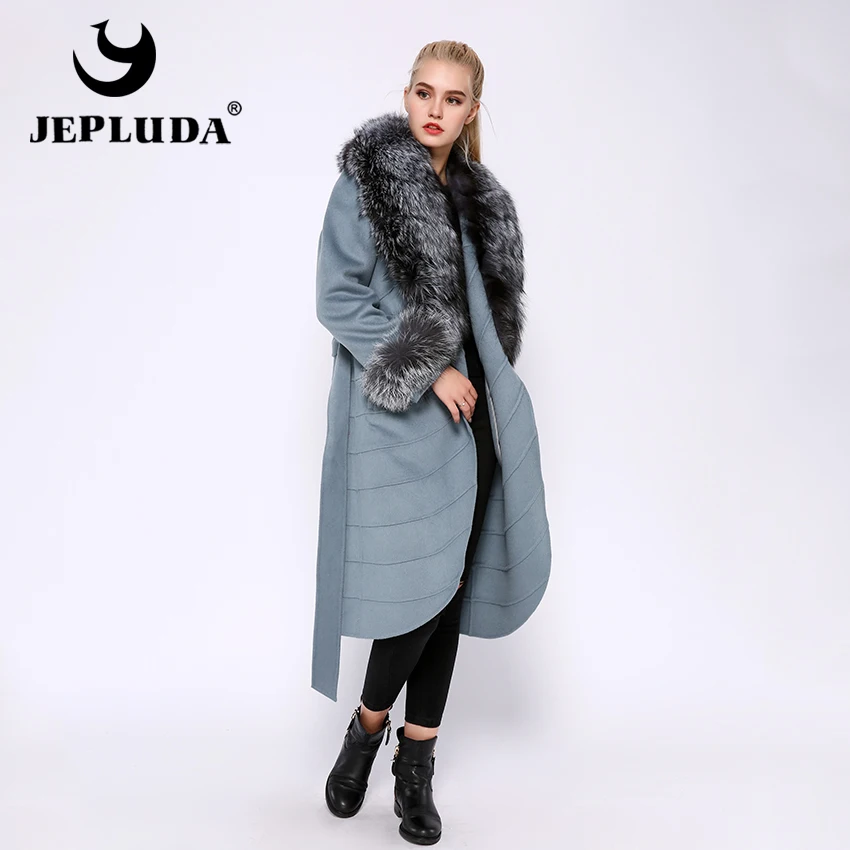 JEPLUDA элегантное кашемировое женское пальто с мехом лисий большой роскошный на воротник и манжет высокого качества шерсть женская куртка из натурального меха лиса кашемир пальто для женщин с натуральный мех
