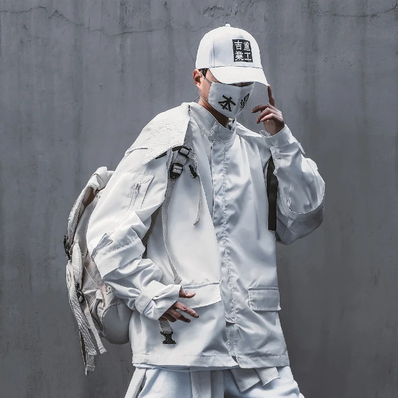 

Cargo White Windbreaker Jackets Streetwear Men Turtleneck Punk Jacket Hooded 2021 Removable Sleeves Coats WB079