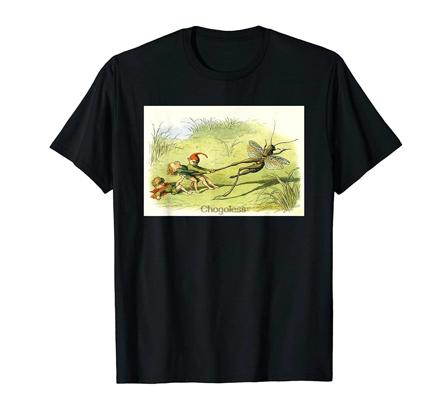 

Mischievous Gnomes And Fairies Pulling Garden Grasshopper T-Shirt