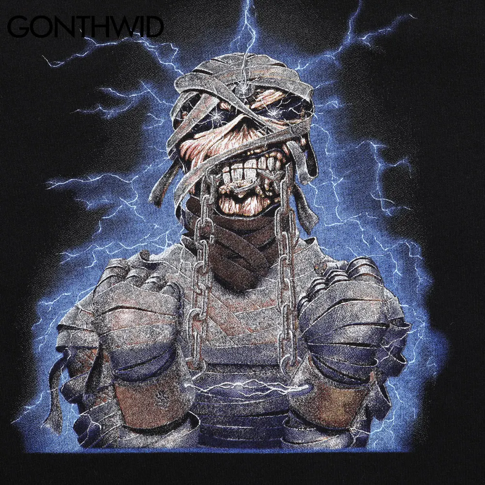 

GONTHWID Tshirts Streetwear Hip Hop Lightning Mummy Skull Print Tees Shirts Harajuku Hipster Punk Rock Long Sleeve Cotton Tops