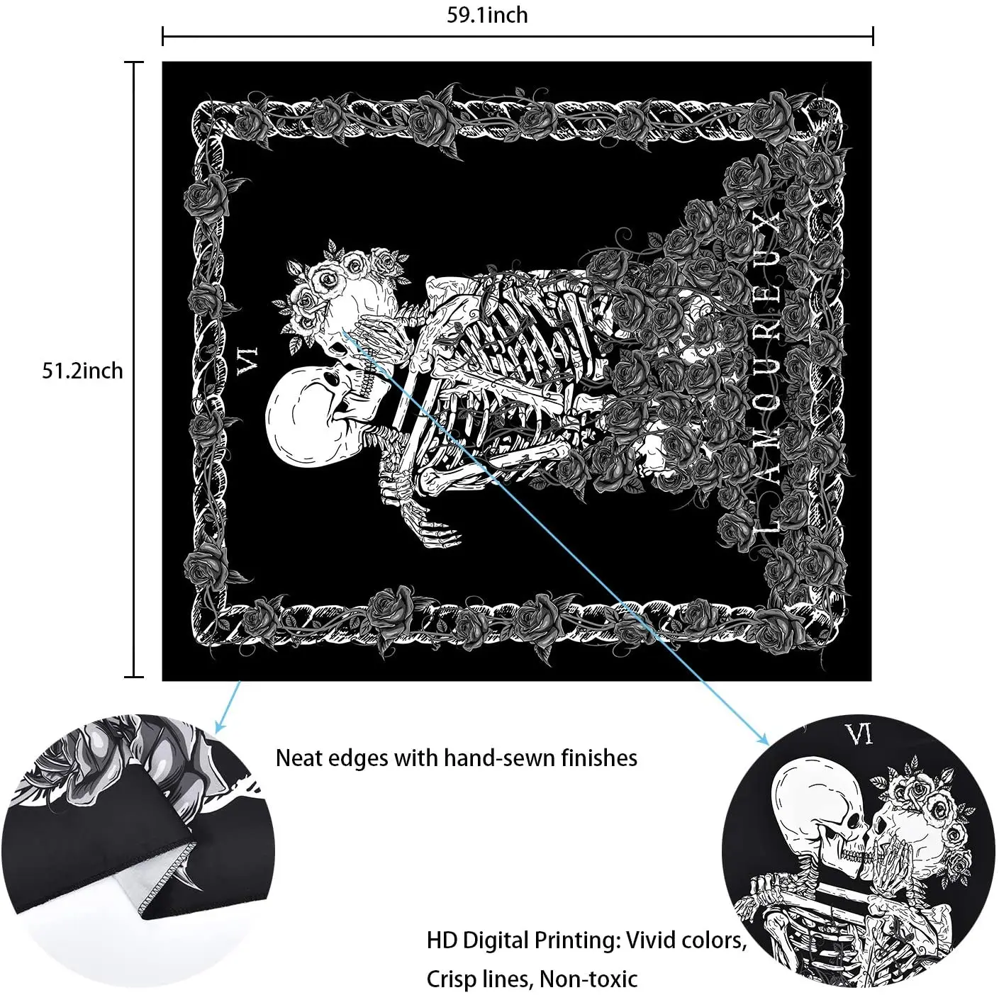 

LUCKYYJ Skull Tapestry The Kissing Lovers Tapestry Black Tarot Tapestry Human Skeleton Tapestry for Room