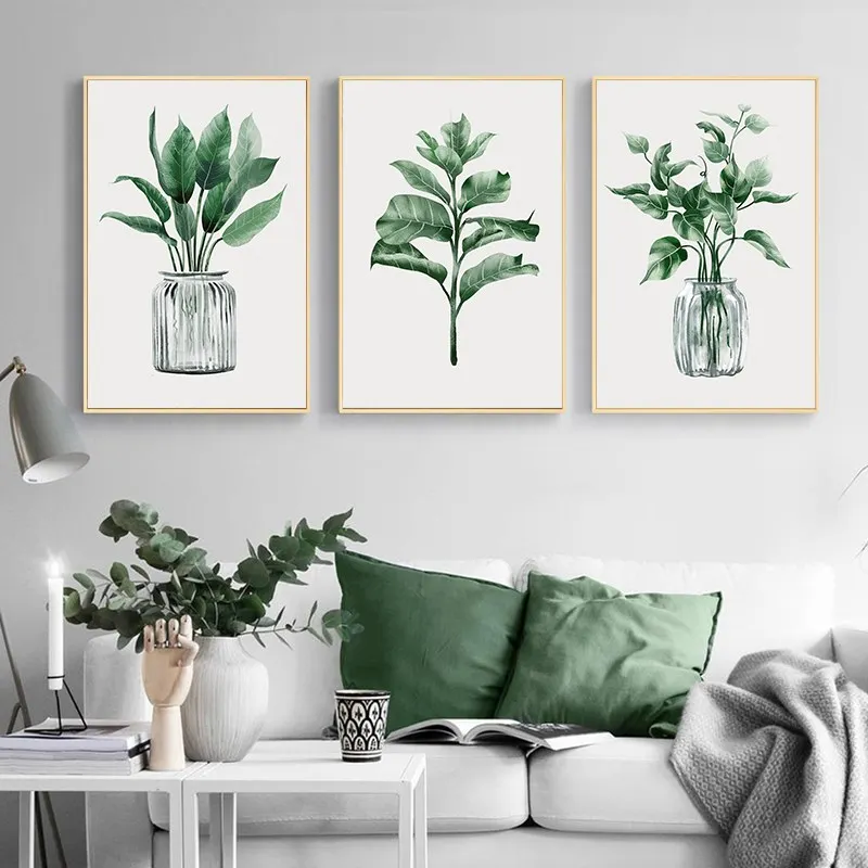 

3 Pieces Green Plant Leaves Canvas Poster Wall Art Painting Nordic Wall Pictures for Living Room Modern Home Decor Paintings