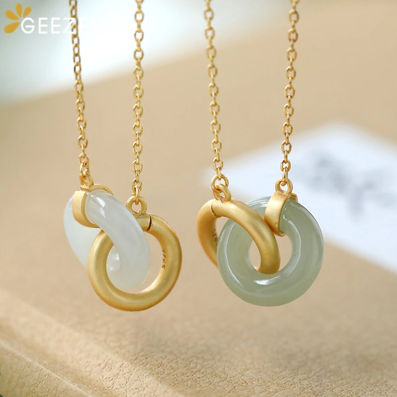 

Hetian Jade Jasper Pendant Necklace S925 Silver Gold Plated Fine Jewelry Women Double Circles Choker Necklace Trendy Party Gift