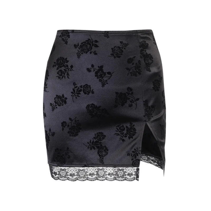 [You're My Secret] Goth Vintage Sexy Split Skirt Flocking Embossing Dark Mini Skirts Floral Aesthetic Lace Patchwork Streetwear | Женская