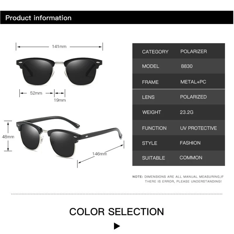 

Classic Semi-Rimless Sunglasses Men's Women 2021 Square Polarized Sun glasses Men Oculos De Sol Gafas UV400 Retro Eyewear