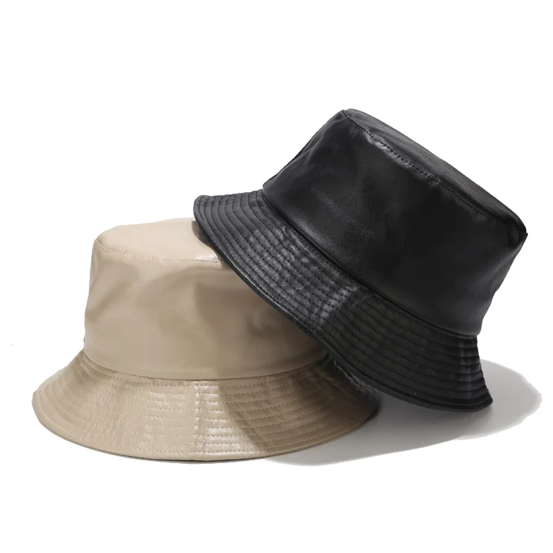 

Fashion PU Bucket Hat Leather Fishing Cap Soild Foldable Hiking Hat Hip-Hop Street Waterproof Panama for Women and Men