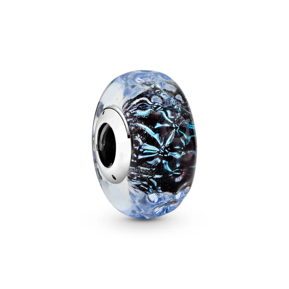 925 стерлингового серебра бисера Волнистые Темно синее муранское стекло океана
