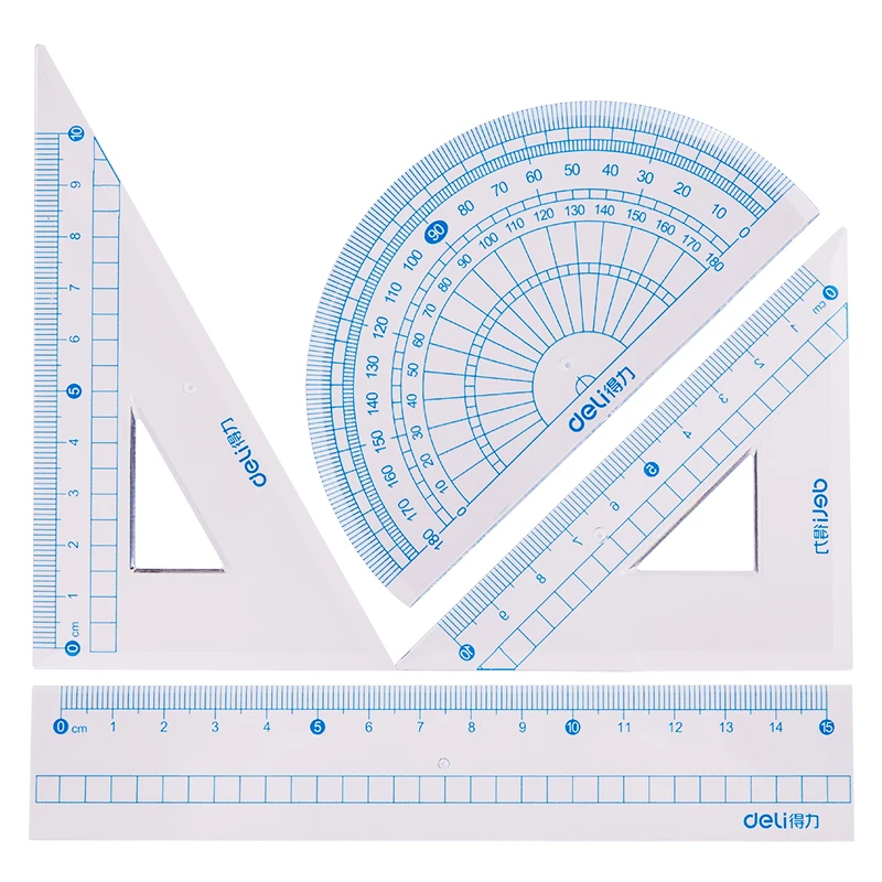 

4pcs / set of Deli 71960 cartoon blue multifunctional drawing combination ruler + triangle protractor, student office supplies