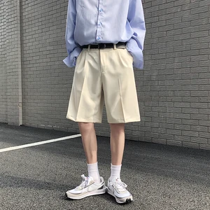 Мужские костюмные шорты в Корейском стиле, бежевые, черные тонкие однотонные повседневные мужские шорты до колена с эластичным поясом на лето